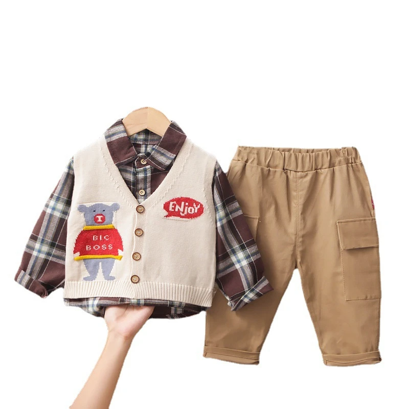 

New Spring Baby Boys Fashion Clothes Suit Children Girls Plaid Shirt Vest Pants 3Pcs/Sets Autumn Kids Toddler Cartoon Sportswear