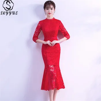 

Skyyue Prom Dress O-Neck Solid Vestidos De Gala Embroidery Vintage Half Sleeve Illusion Plus Size Mermaid Prom Dress YS005