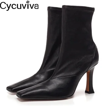 

Chic Duckbill Square Toe Ankle Boots Woman Black Red Leather Patchwork Winter Shoes Strange High Heel Chelsea Boots Botas Mujer