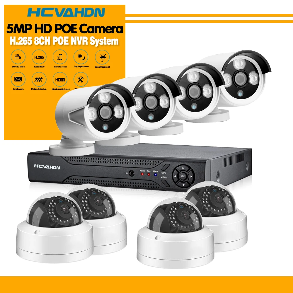 Белый HCVAHDN 8CH 5MP POE NVR Xmeye CCTV система 4.0MP Крытый Открытый PoE IP камера IR ночного видения комплекты видеонаблюдения - Цвет: Белый