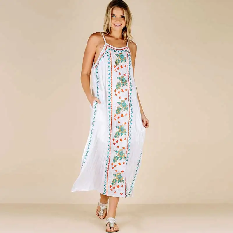 Богемный Вдохновленный Макси платье белая длинная туника бохо платье с вышивкой с высокими разрезами на бретелях летнее пляжное платье для женщин Новинка vestidos
