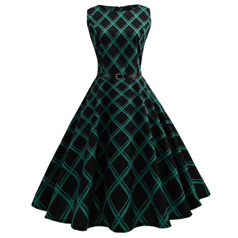

Sovalro Printed Women Vintage Dress Autumn Round Collar Sleeveless Female Party Dresses High Waist A-Line Belt Feminino Vestidos