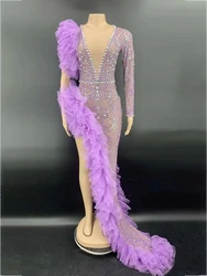 Rhinestone Special Occasion Purple Mesh Transparent Long Birthday Celebrate One Sleeve Outfit Evening Women Dancer Party Dress