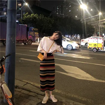 

2020Autumn New Arrival Mid Length Multicolor Striped High Waist Skirt Versatile A-line Knit Skirt Colorful Stripes Free Shipping