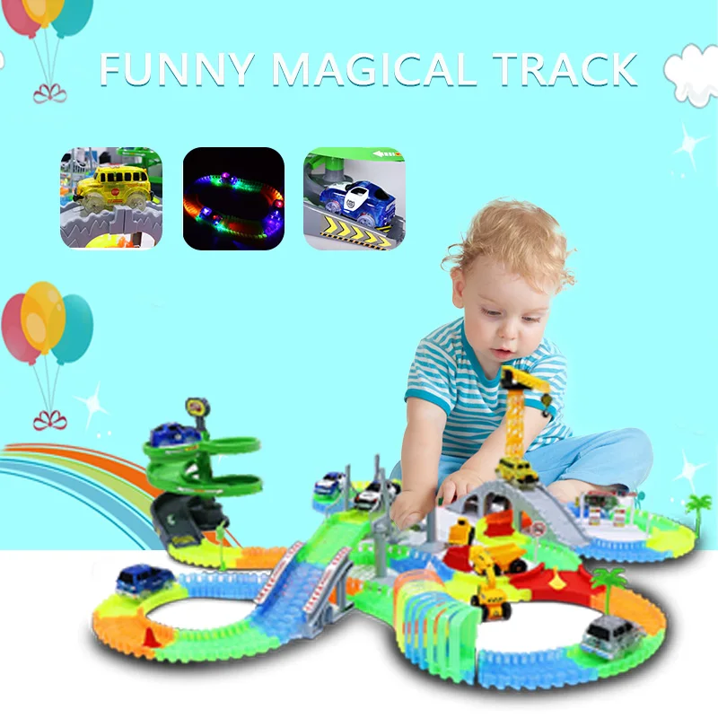 Pista mágica de ferrocarril para niños, juguete de coche Flexible brillante, riel curva de competición de niño, luz Flash electrónica Led