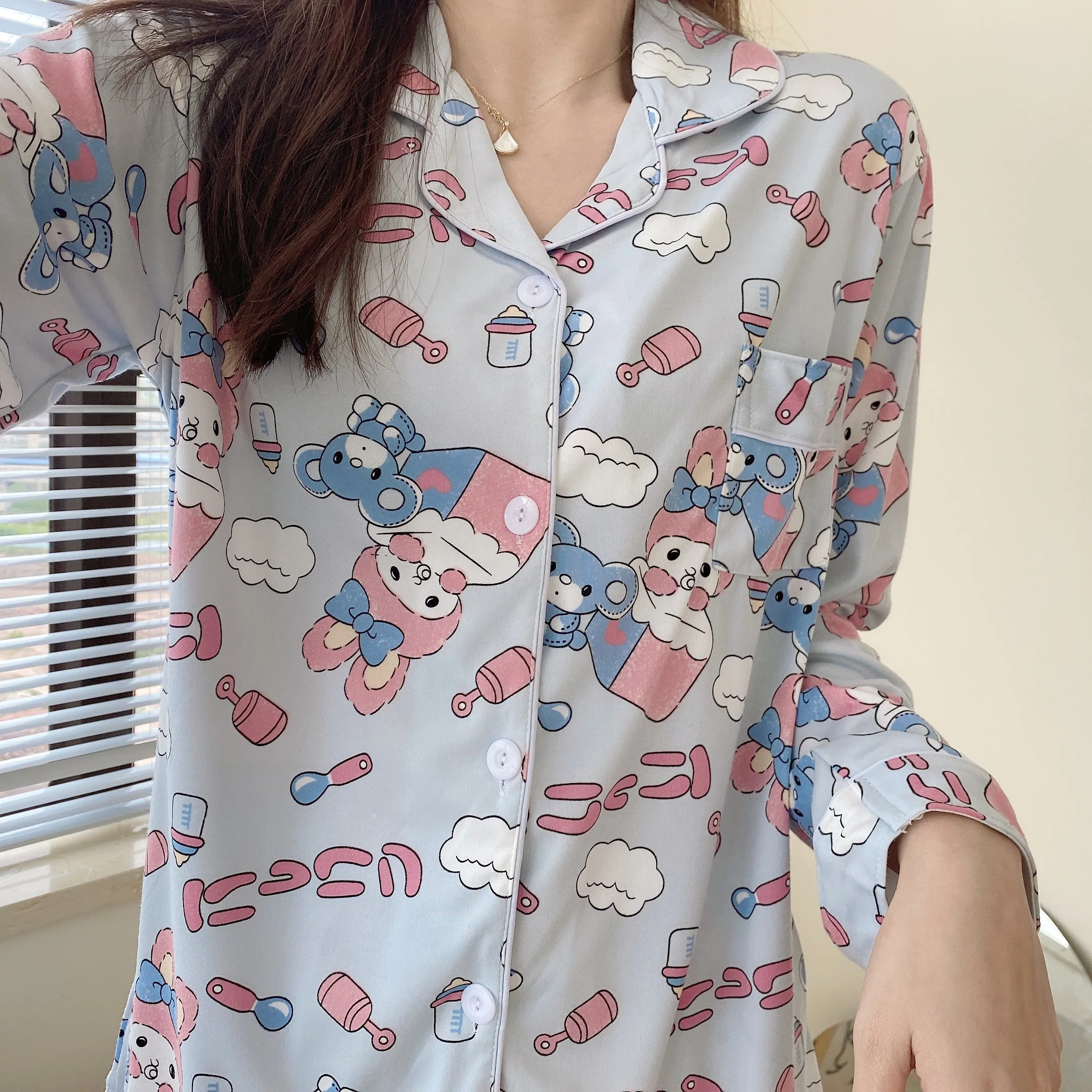 CAIYIER Winter Women Pajamas Suit Long Sleeve Trousers Lounge Lovely  Girls Cartoon Rabbit Loose Cardigan Sleepwear Homewear 2XL