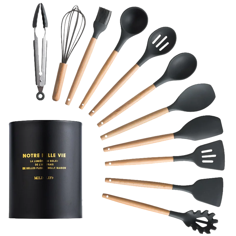 12/13 Silicone Cooking Utensils Wooden Handle Non-Stick Kitchen Set Cooking Tools Accessories With Stainless Steel Storage Box
