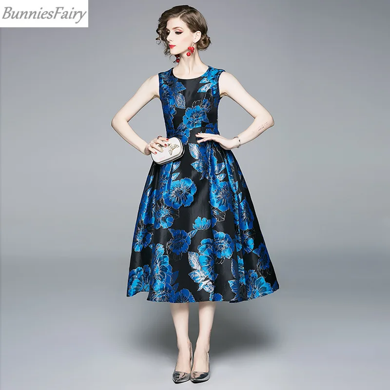 

BunniesFairy 2019 Autumn Winter Audrey Hepburn Vintage Gold Thread Blue Flower Floral Jacquard Midi Dress Vestidos de Fiesta