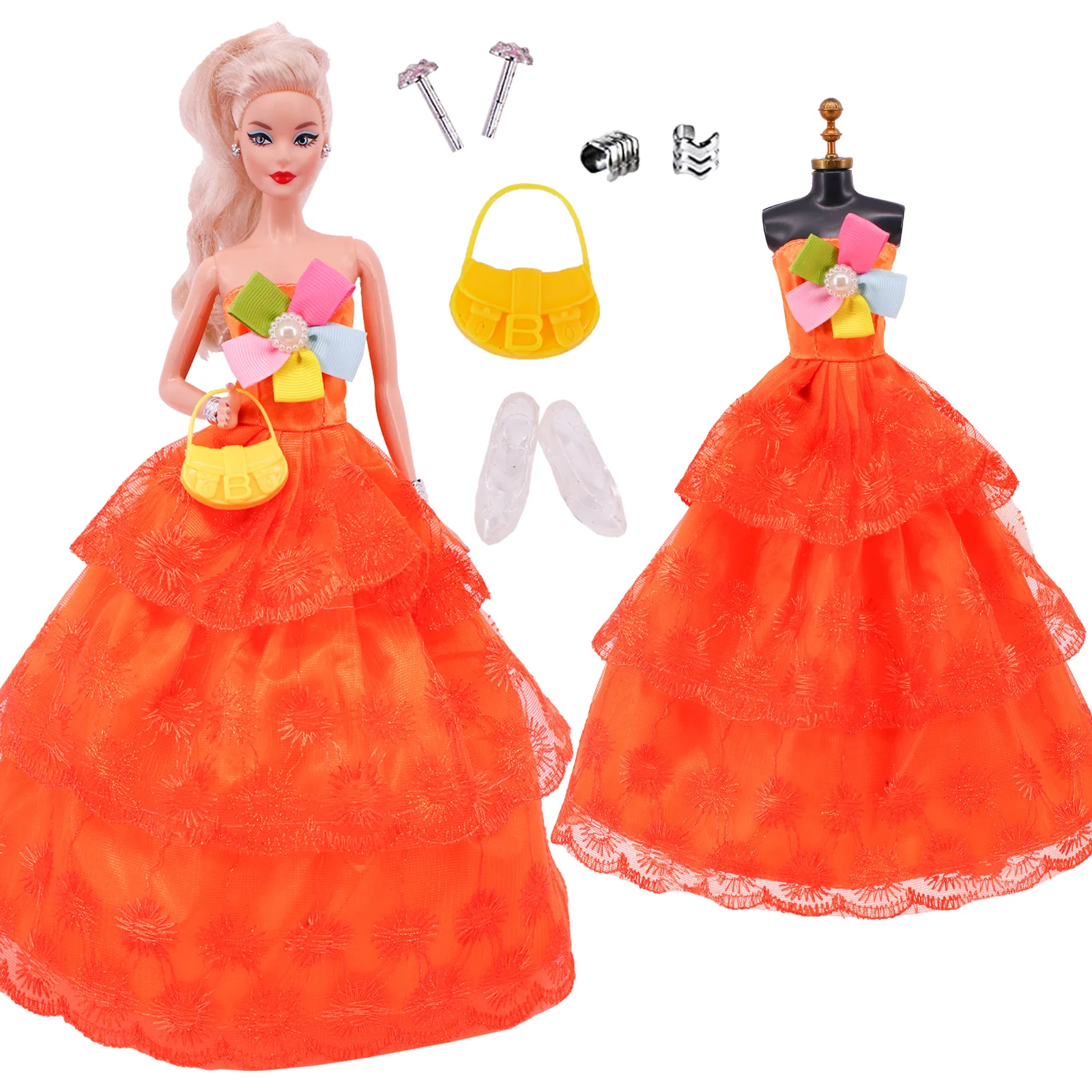 Doll Clothes 5Pcs Handmade Dress Barbies Gowns + Jewelry + Shoes Suitable for 30cm Doll Accessories Diy Gift