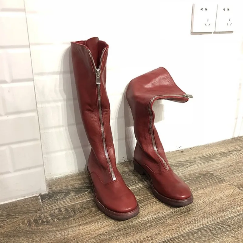 red fleece lining Зимние Модные женские рыцарские сапоги до колена; сапоги для верховой езды из натуральной кожи на молнии; белые байкерские кожаные сапоги - Цвет: red fleece lining