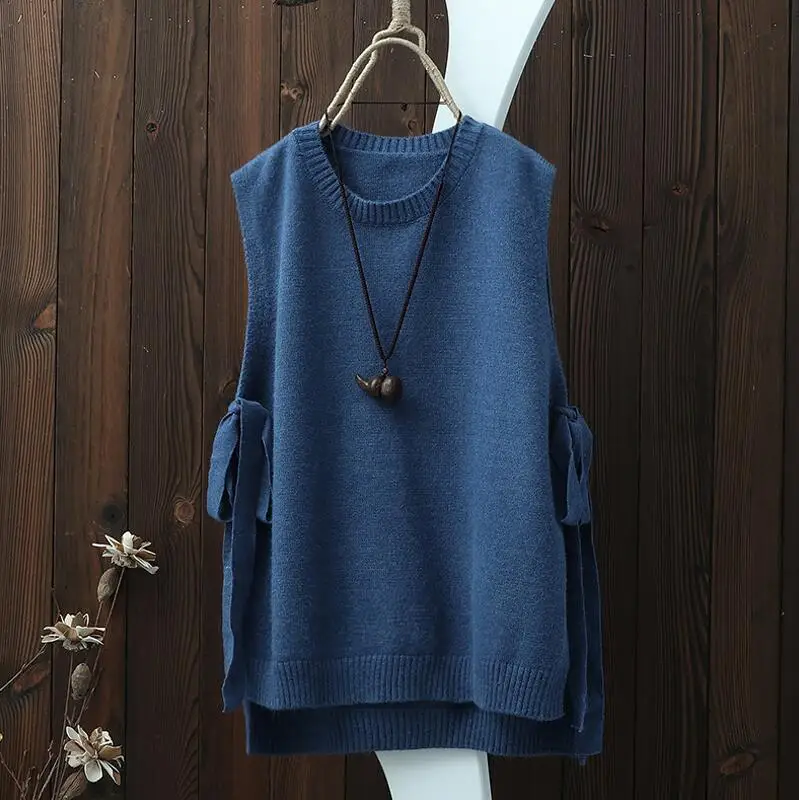 Spring O Neck Pullover Sleeveless Knitted Vest Women Plus Size Side Bandage Thin Hollow Out Loose Side Split Waistcoat - Цвет: Синий