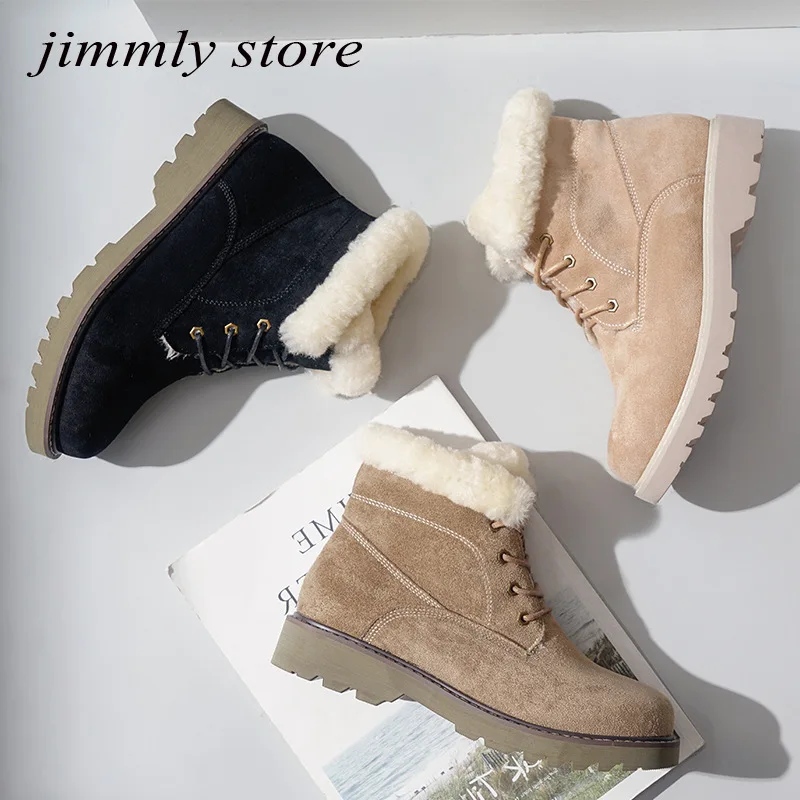 Female Shoes Boots Lace-Up Women Winter Fashion Snow Ankle Flock Warm-Fur Plush Zapatos-De-Mujer