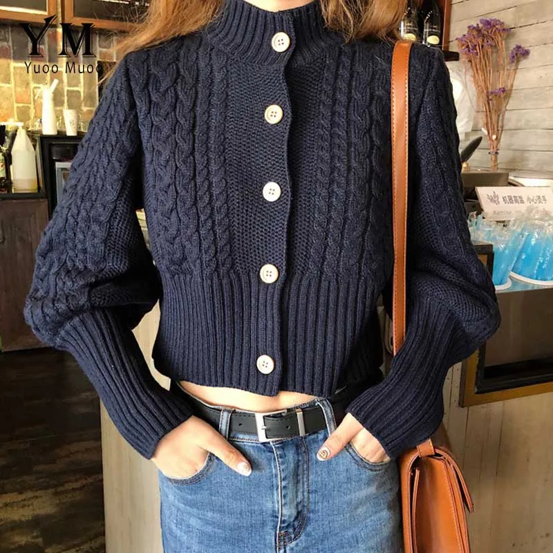YuooMuoo винтажный вязаный свитер длинный женский кардиган короткий свитер с рукавами Топы Европа Осень твист женские кардиганы джемпер - Цвет: Тёмно-синий