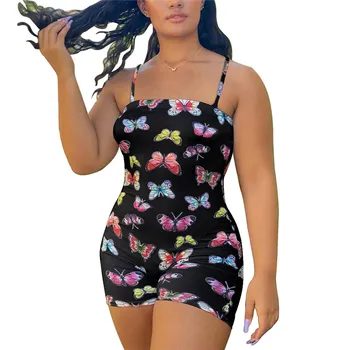 

S-3XL Big Size Women Sexy Jumpsuit Nightwear Sleeveless Backless Butterfly Printed Shorts Suspenders For Women One Piece Pajamas
