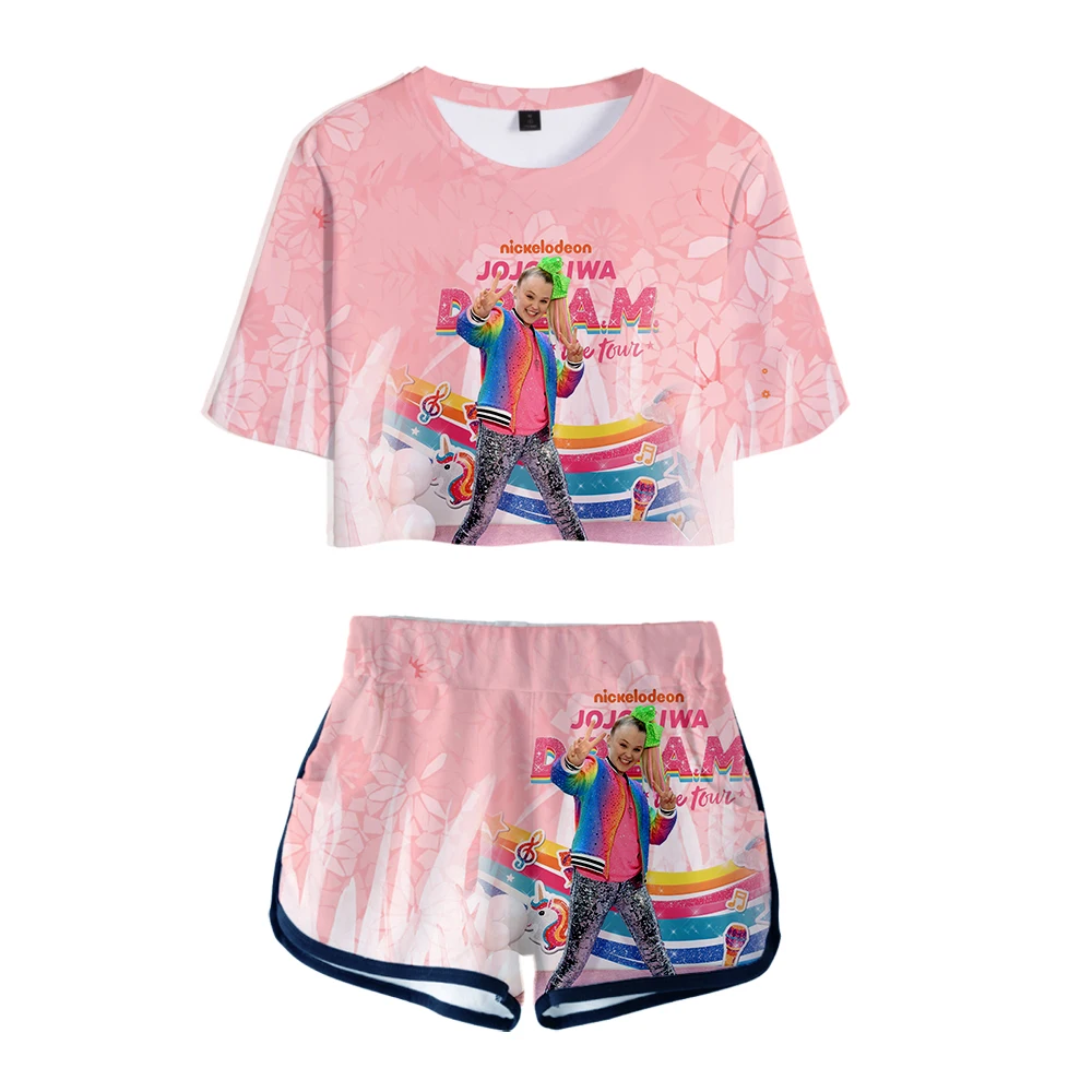 

Fashion 3D JOJO SIWA Exposed Navel T-shirt+Shorts Women's Two-piece Sets Fashion Summer Casual Girl's Two-piece Pink Clothing