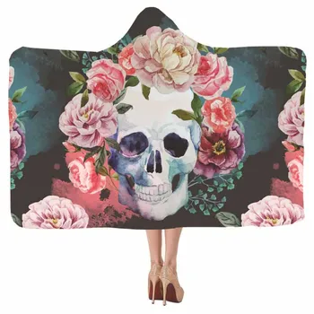 

Floral Sugar Skull Cartoon Hoodie Blanket Gossip Hooded Blanket Sofa Travel Office Microfiber Shawl Throw Blankets