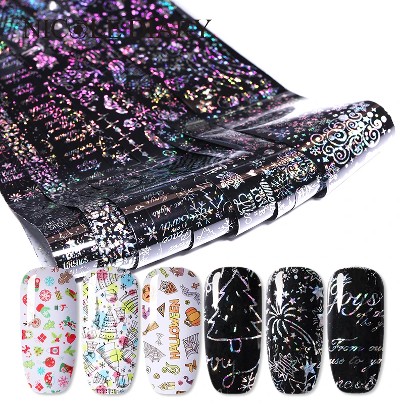 

10 Rolls 3D DIY Christmas Halloween Starry Sky Nail Art Transfer Stickers Holographic Nail Foil Decals Manicure Decorations
