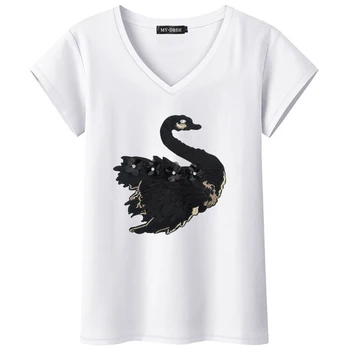 

Summer Women's Sequined T-shirt Korean Short-sleeved Embroidery Diamond Swan T-shirt Fashion Large Size Short-sleeved Tees GD280
