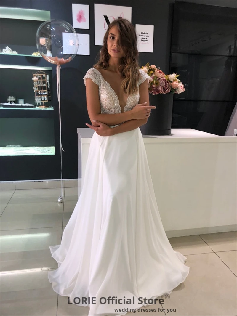 LORIE A-Line Свадебные платья Boho с коротким рукавом кружевные свадебные платья шифоновое свадебное пляжное платье с v-образным вырезом Вечерние платья на пуговицах