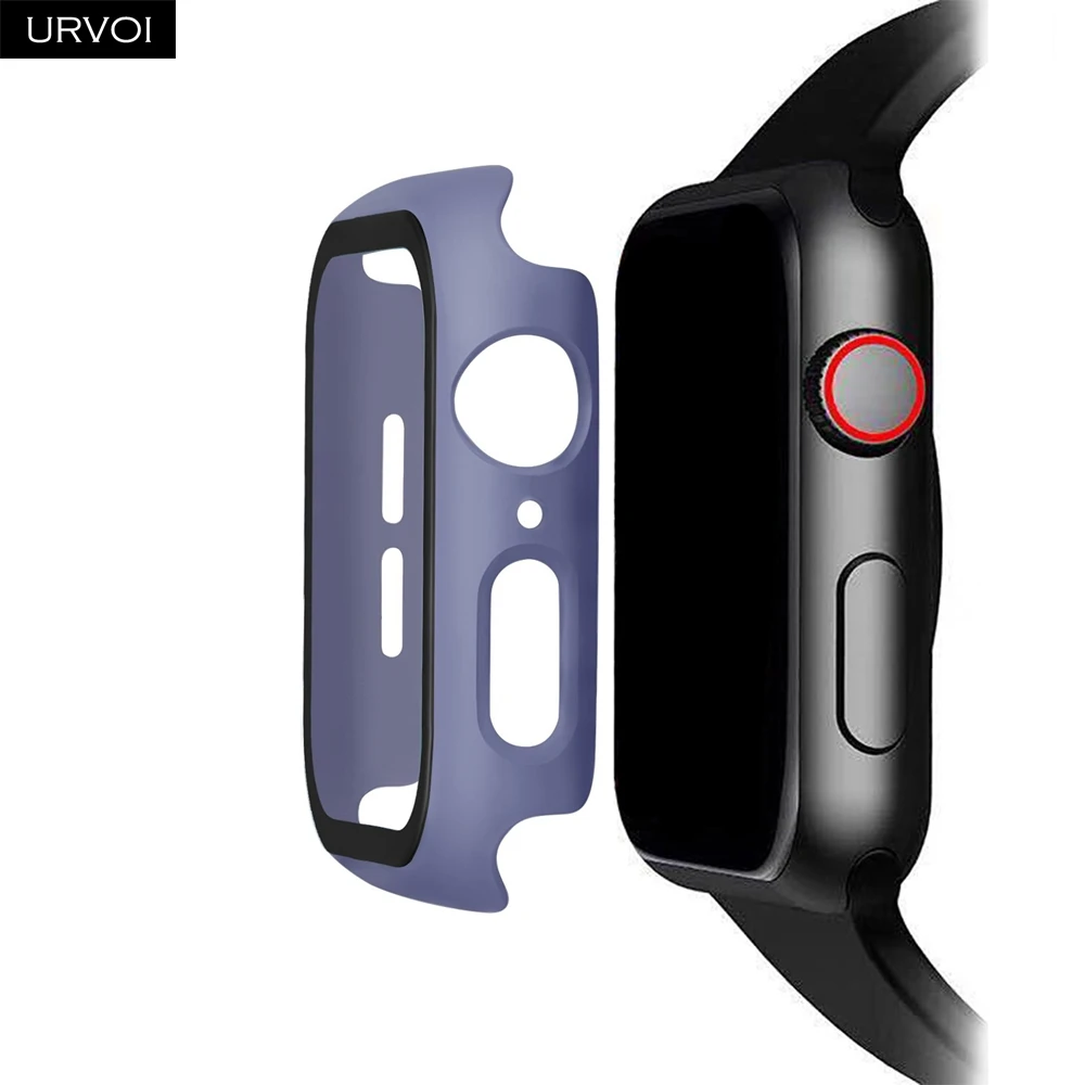 URVOI полное покрытие для Apple Watch series 5 4 3 2 матовый пластиковый бампер жесткий чехол рамка со стеклянной пленкой для iWatch защита экрана - Цвет: Lavender grey