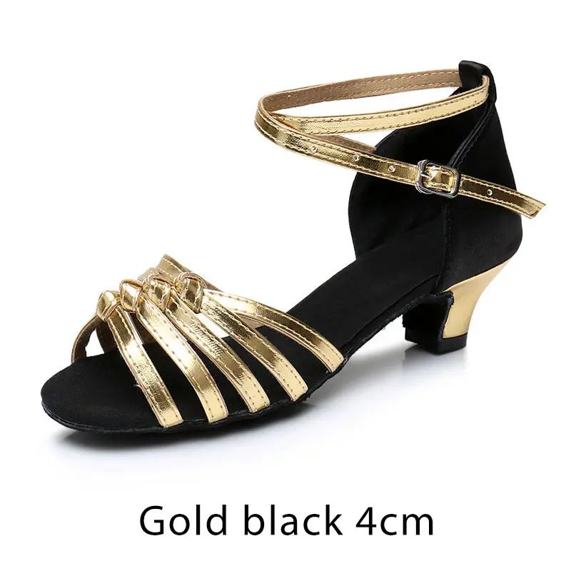 Gold black 4cm Новинка; детская обувь для латинских танцев; Танцевальная обувь для девочек; Обувь для бальных танцев; Танго; Сальса; высокое качество; детская атласная обувь из искусственной кожи на низком каблуке 4 см; 12 цветов; - Цвет: Gold black 4cm