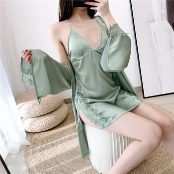 

Lace Patchwork Robe Set Satin Women Nighty&Robe Set Summer Silky 2PCS Sleepwear Female Kimono Gown Casual Sleep Set