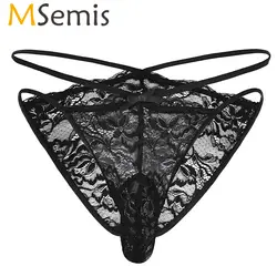 MSemis Мужское нижнее белье Sissy кружевное прозрачное Сетчатое бикини с кружевными цветочными ремешками, трусы с кармашком, кружевное нижнее