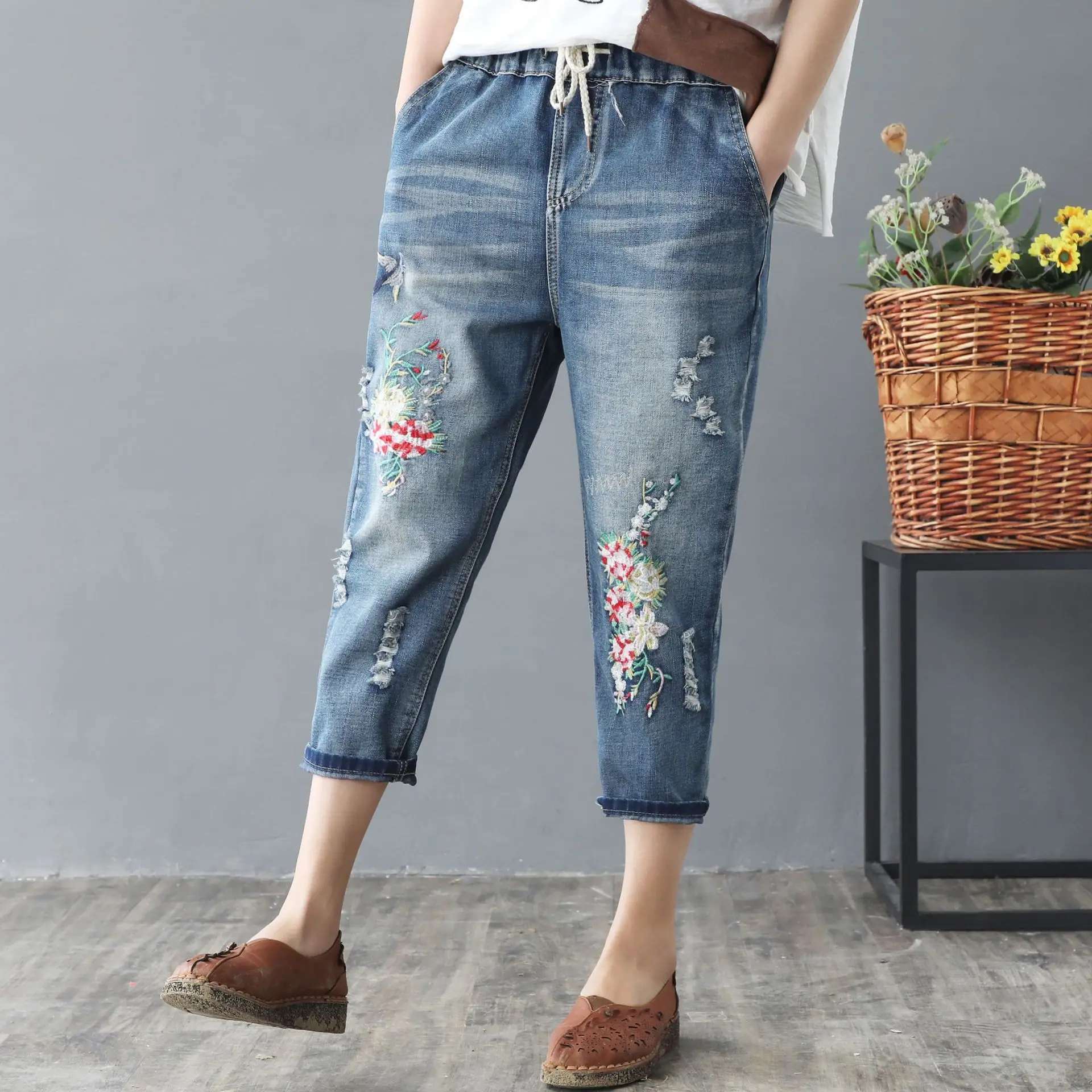 ripped jeans Elastic Waist Jeans Ladies Vintage Embroidery Trousers Women Casual Retro Floral Denim Cowboy Ripped Harem Pants Yalabovso jeans pant Jeans