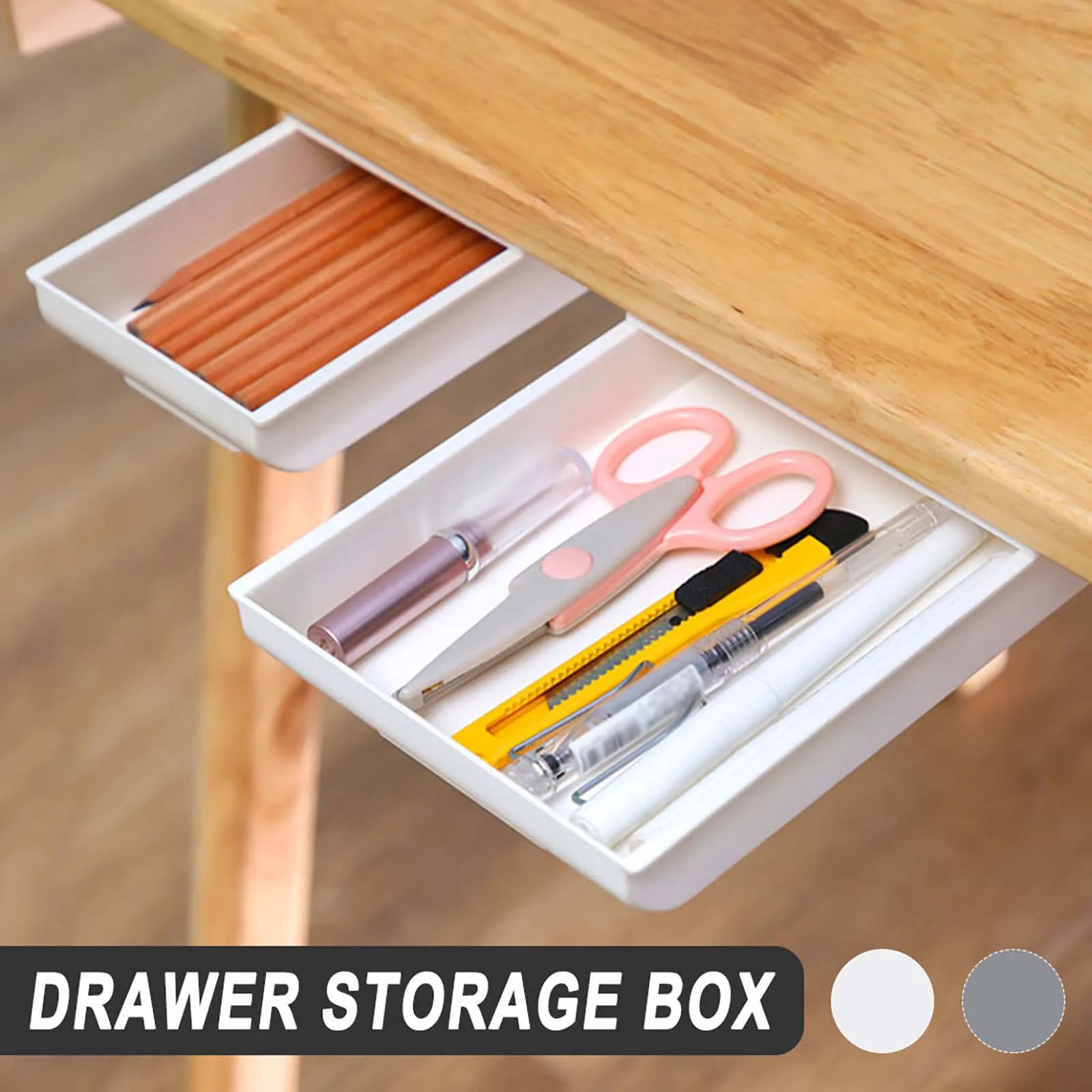 

1PCS Under Desk Storage Box Self-Adhesive One Grid Drawer Storage Box Tray Table Stand Drawer Storage Box Space Save Gray/White