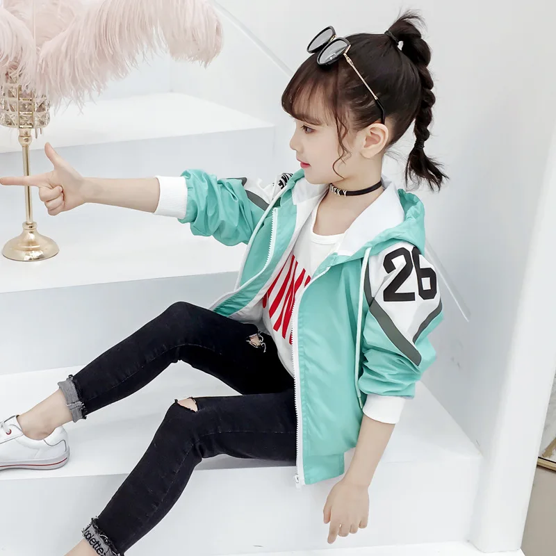 

2019 Spring And Autumn Kids' Overcoat Korean-style Girls with Numbers Mixed Colors Hooded Jacket Big Boy Western Style Thin Tops