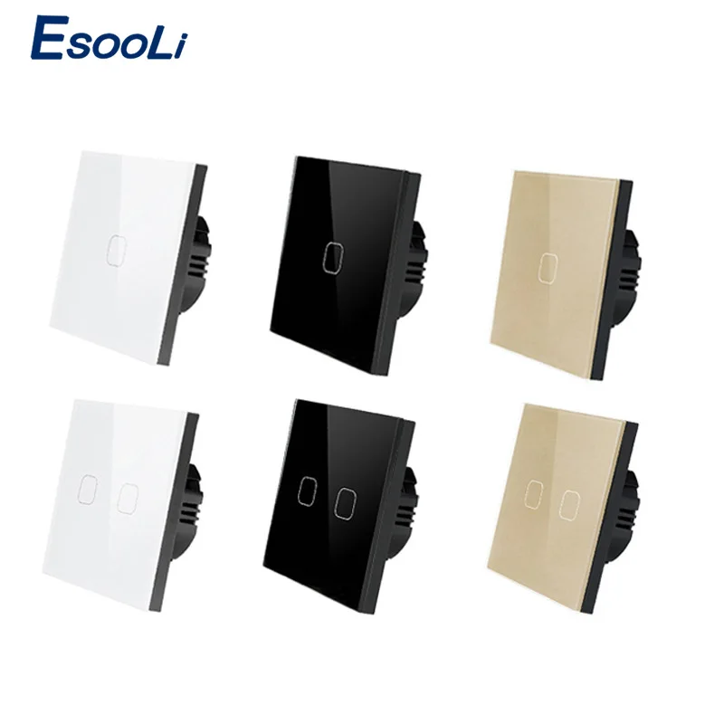 Esooli 1/2 Gang светодиодный свет сенсорный выключатель светодиодный лампы стандарта ЕС, США, Великобритании Стандартный с украшением в виде кристаллов Стекло Панель Smart Touch Управление настенный выключатель
