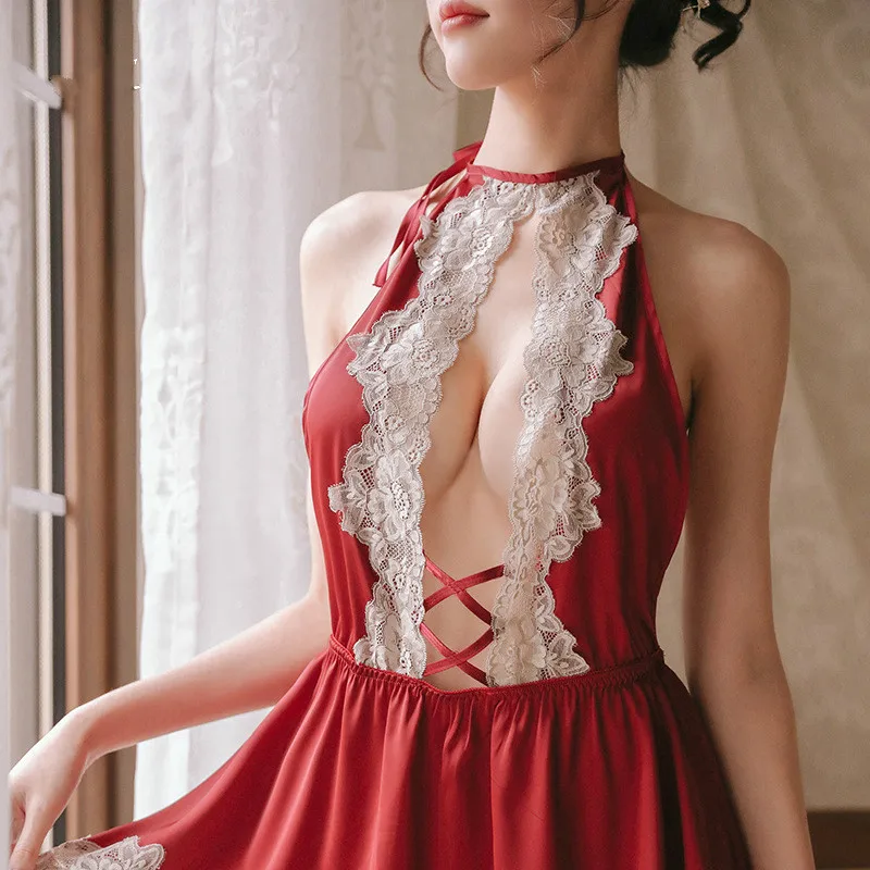 Red Black White Sexy Cardigan 1set Lingerie Lace Backless Women Chemises Temptation Underwear Sex Transparent Costume Girlfriend