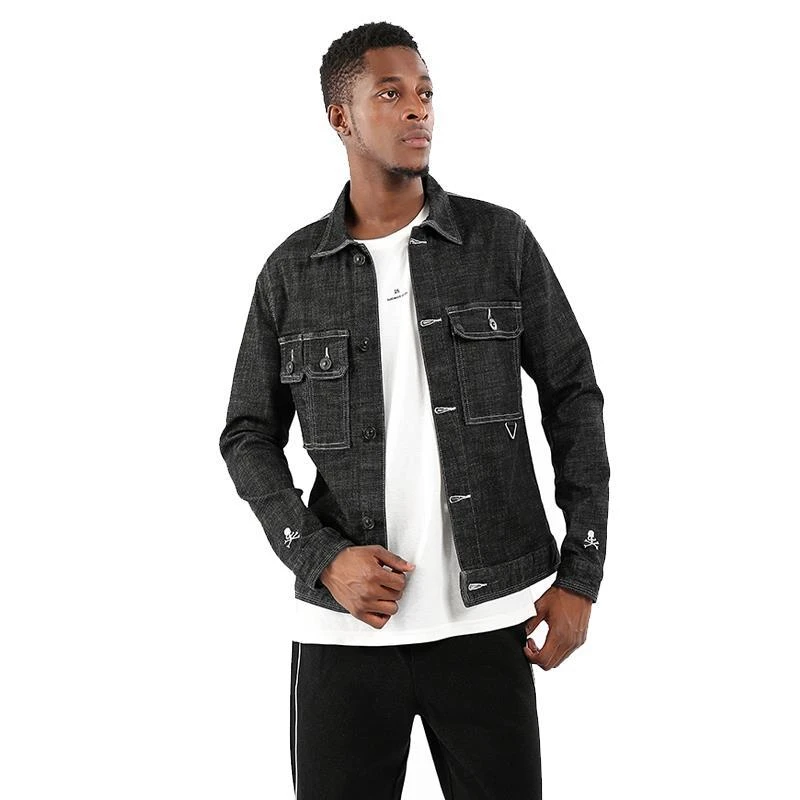 

Japanese Harajuku Embroidery Skull Black Jean Jacket for Men Urban Boys Streetwear Embroidered Skull Denim Jacket Oversized
