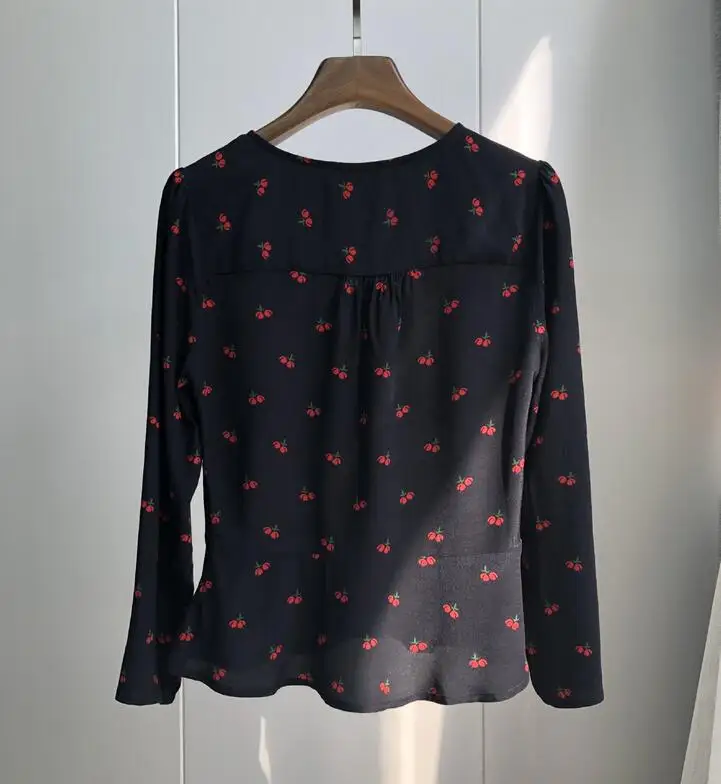 Французские блузки с вишнями, модный топ, свежий Вишневый принт, Бежевый женский топ-рубашка - Цвет: Черный