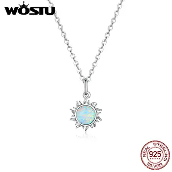 WOSTU Korean Necklace Opal Zircon And 925 Sterling Silver Sun Sunny Long Chain Women Necklace Silver Jewelry CQN399