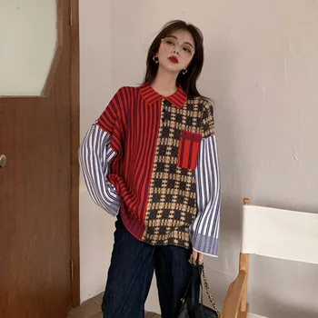 

Plaid Stitched Striped Shirt Women's Spring And Autumn Long Sleeve Retro Hong Kong Style Loose Outside Student Design Sense Top