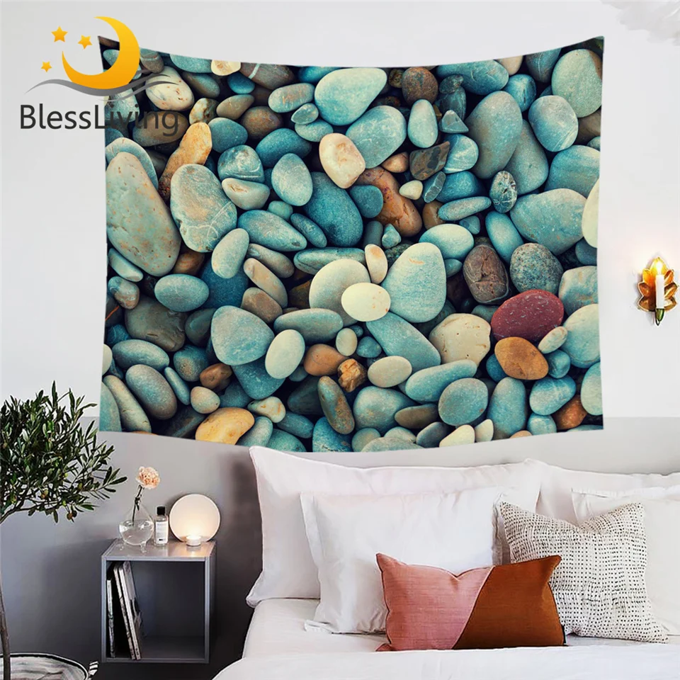 

BlessLiving Beach Stones Decorative Wall Hanging Colorful Tapestry 3D Printed Vivid Bedspreads Rock Blue Red Orange Wall Carpet