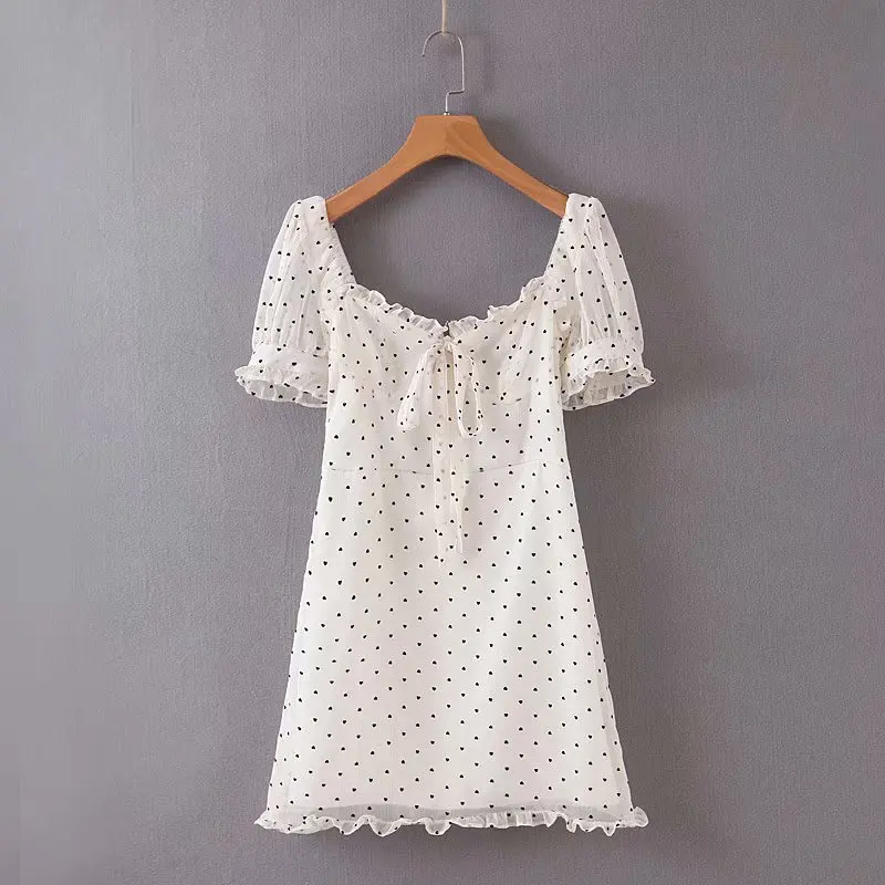 

Europe And America WOMEN'S Dress-Style Retro Flocked Heart Bow Hipster Vacation Style Chiffon Blouse Puff Sleeve Dress