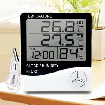 

LCD Digital Temperature Humidity Meter HTC-2 Home Indoor Outdoor Hygrometer Thermometer Weather Station with Clock