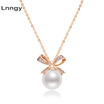 شراءLnngy Lnngy18K ارتفع الذهب 9.5-10 مللي متر حقيقية المياه العذبة اللؤلؤ قلادة قلادة للنساء مع 18