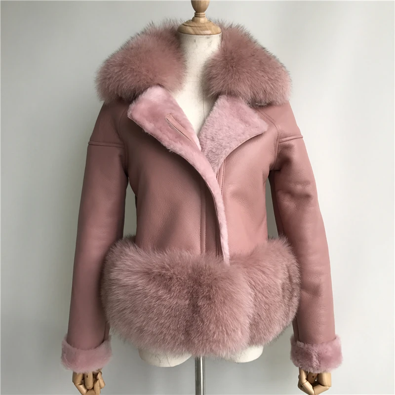 Женская зимняя куртка из натуральной овечьей кожи, пальто с воротником из натурального Лисьего меха, Модное теплое пальто из натуральной овечьей кожи, пальто из мериносовой овечьей шерсти - Цвет: Pink