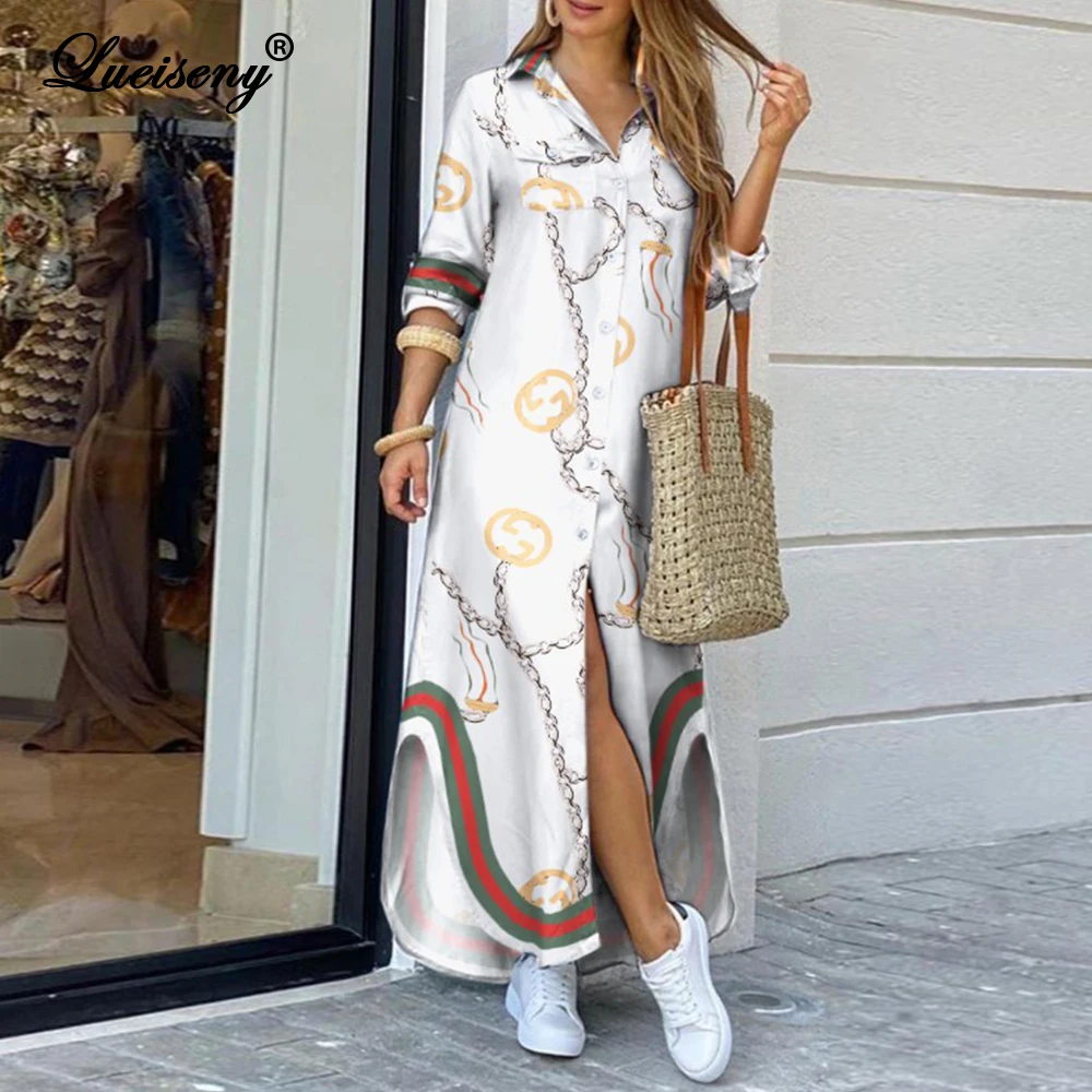 LUEISENY Fashionable Shirt-style Button Dress Women Long Street Casual Large Size Dresses Loose Home Commuter Print Dress