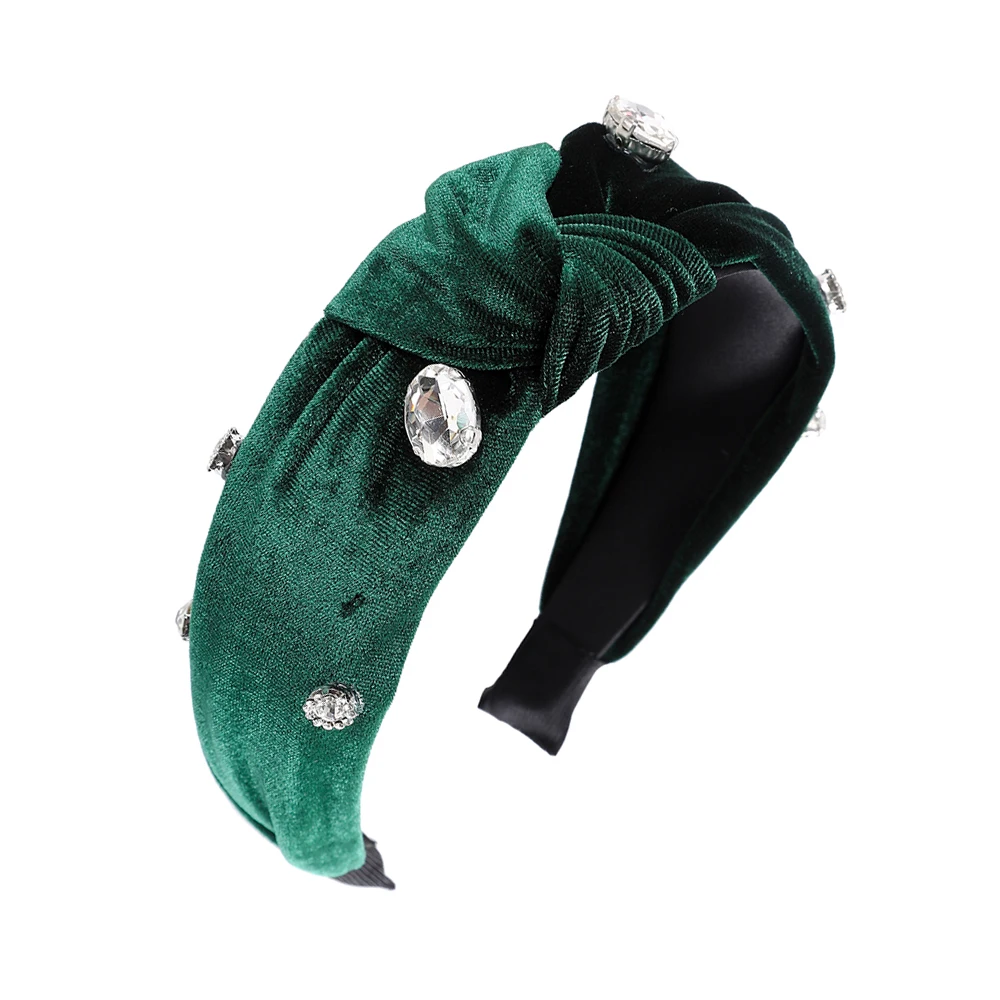 Нестандартные стразы, однотонные повязки для волос из мягкого бархата 5 см, женские повязки на голову, Нескользящие широкие обручи для волос для женщин - Цвет: Зеленый