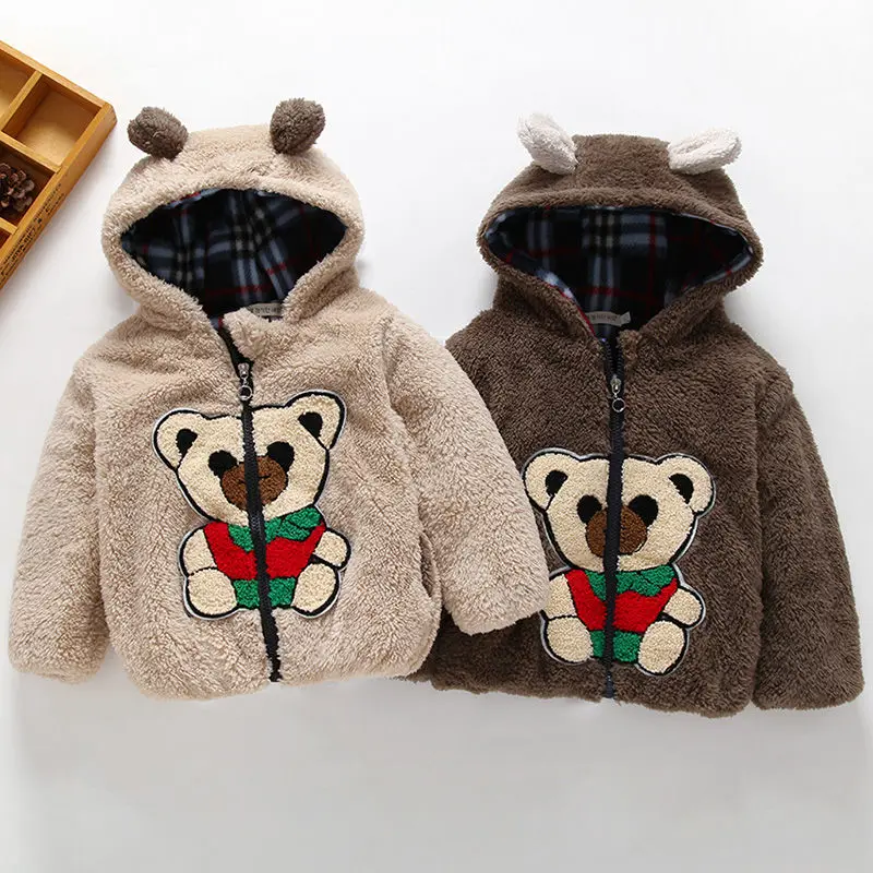 Boys and girls baby fur coat autumn/winter wear new plus-thick bear ears plus-feathered hooded small child coat