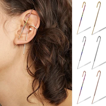 

1PC Crawler Hook Earrings For Women Pointed Cone Ear Clip Wrap Korean Fashion Colorful Rhinestone Long Earrings Jewelry Gift