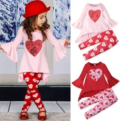 Vêtements pour filles, costumes de saint valentin, manches trompette, haut à manches longues + pantalon, motif d'amour mignon, printemps et automne 