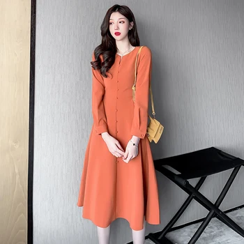 

Spring women's long orange dress full sleeve A-line long dress female vintage french style dress