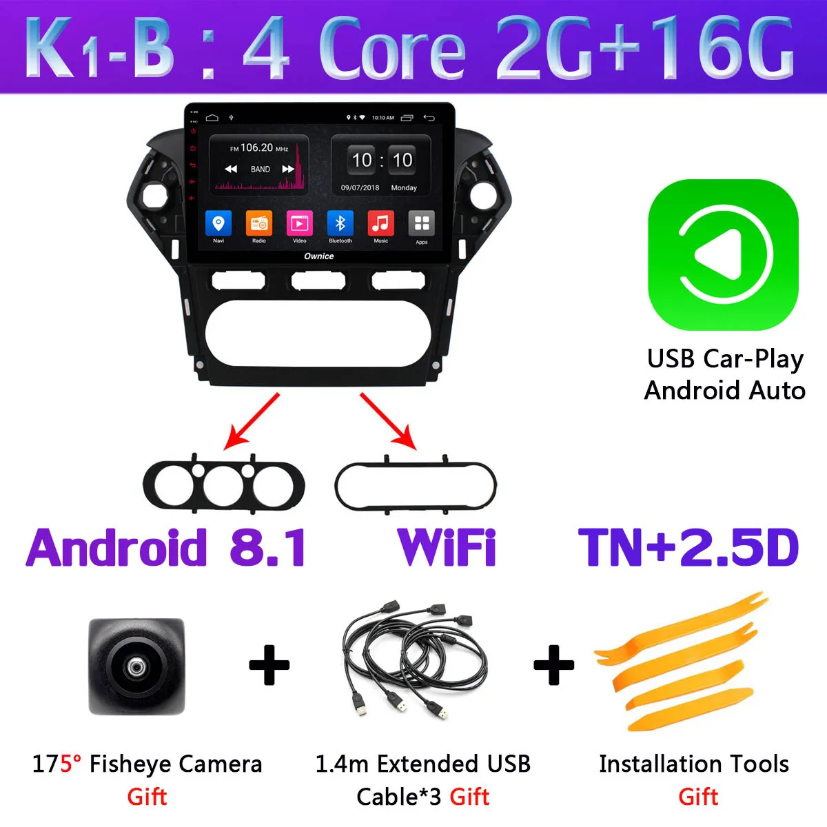 360 ° 4 × камера 4G Android 9,0 8Core 4G+ 64G gps радио CarPlay DSP Автомобильный мультимедийный стерео плеер для Ford Mondeo 2011 2012 MT AT - Цвет: K1-B-CarPlay
