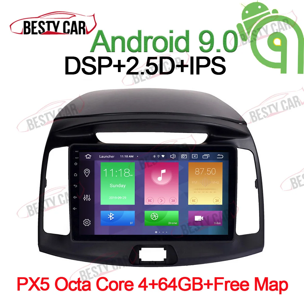 " Android 9,0 Автомобильный мультимедийный плеер Радио стерео для hyundai Elantra+ gps навигация головное устройство видео выход 2.5D ips DSP - Цвет: PX5-B-4-64GB-DSP