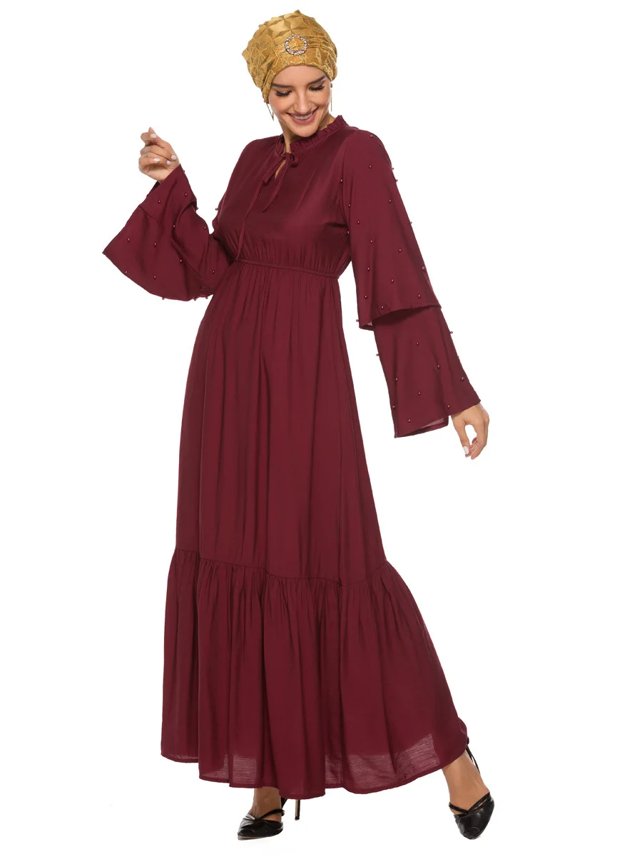 мусульманское платье Женская мода гофрированные рукава вышитое бисером платье Аравийский Бангладеш одежда из Дубая для женщин